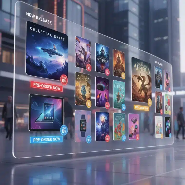 Digital storefront showing new release pre-order products with 10% discount banners.