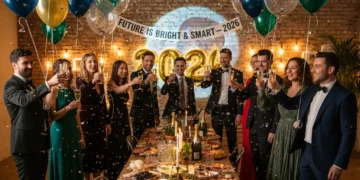 New Year's Eve 2026: 7 Party Planning Must-Haves to Ring in the New Year with Style and Savings Up to 30% Guests clinking champagne glasses at a stylish New Year's Eve 2026 party with festive decorations.