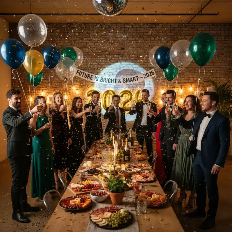 Guests clinking champagne glasses at a stylish New Year's Eve 2026 party with festive decorations.
