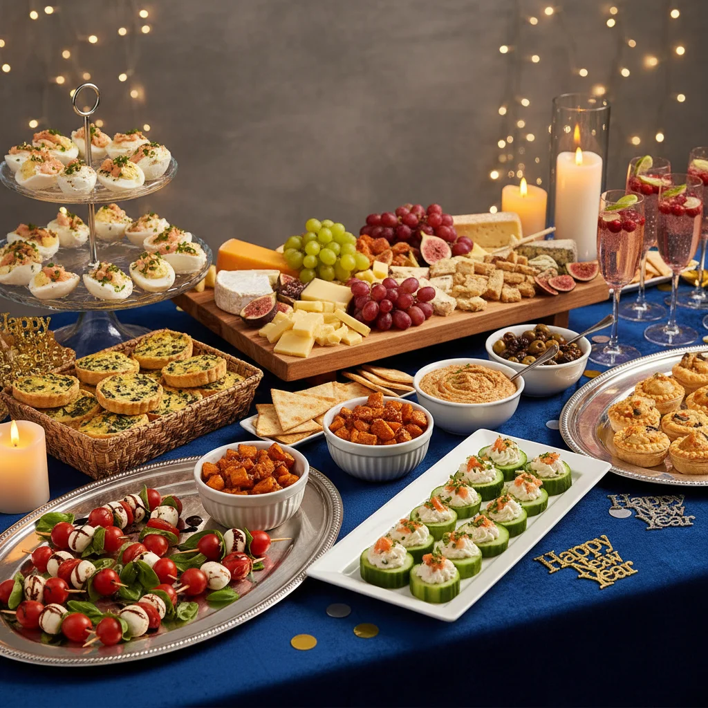 Elegant New Year's Eve buffet spread with diverse and delicious appetizers.