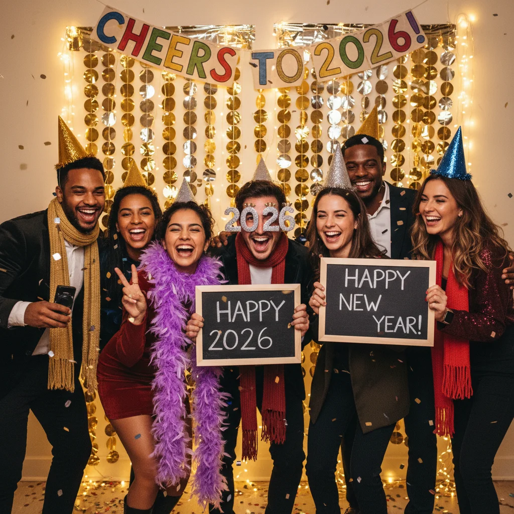 Friends enjoying a DIY photo booth with props at a New Year's Eve celebration.