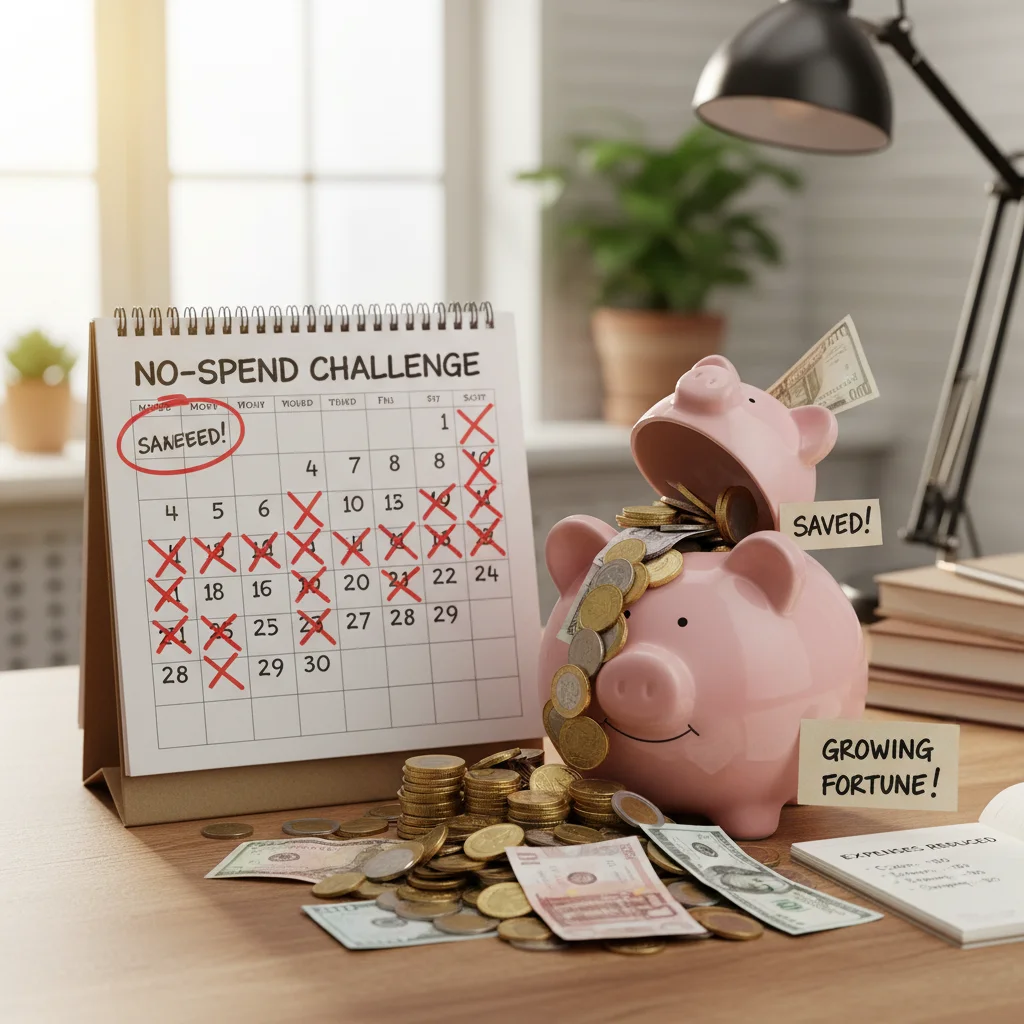 Calendar for no-spend challenge next to overflowing piggy bank, representing savings.