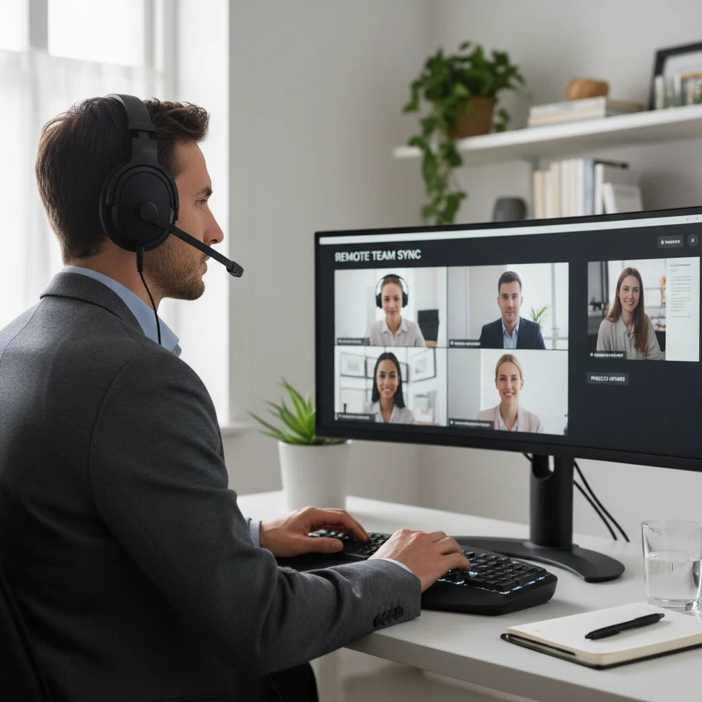 Person using noise-canceling headset for video calls