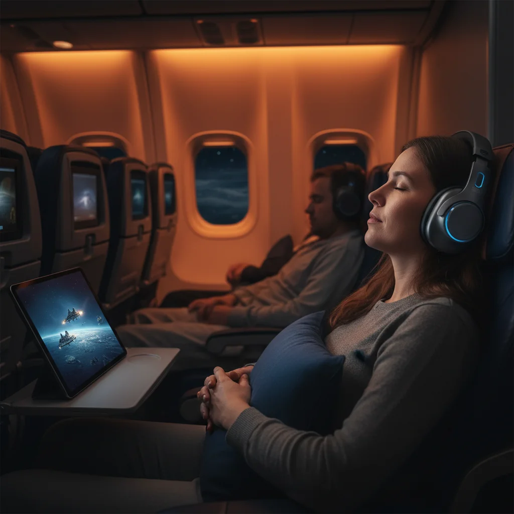Person on an airplane wearing advanced noise-cancelling headphones, enjoying a peaceful flight.