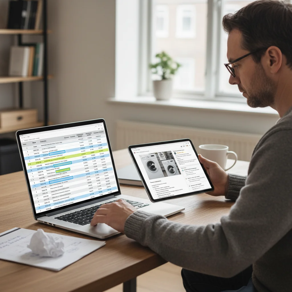 Person researching washing machine prices and features online, emphasizing smart buying strategies.