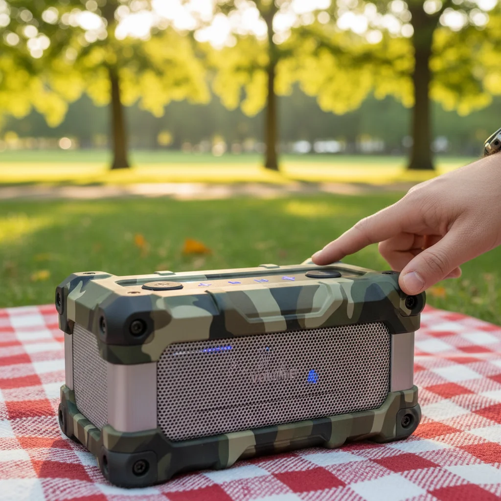 Durable portable Bluetooth speaker in an outdoor setting, perfect for adventurous dads.