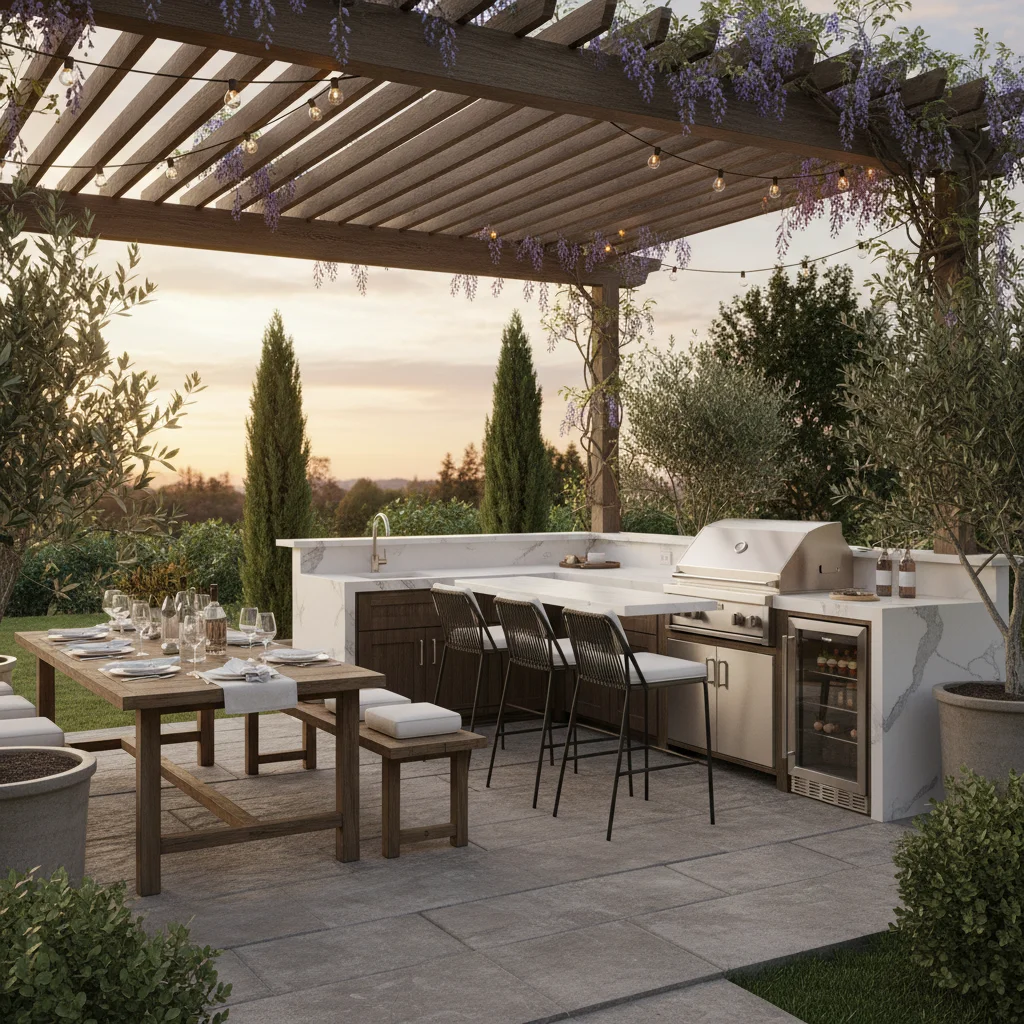 Outdoor kitchen with built-in grill and sleek stainless steel appliances.