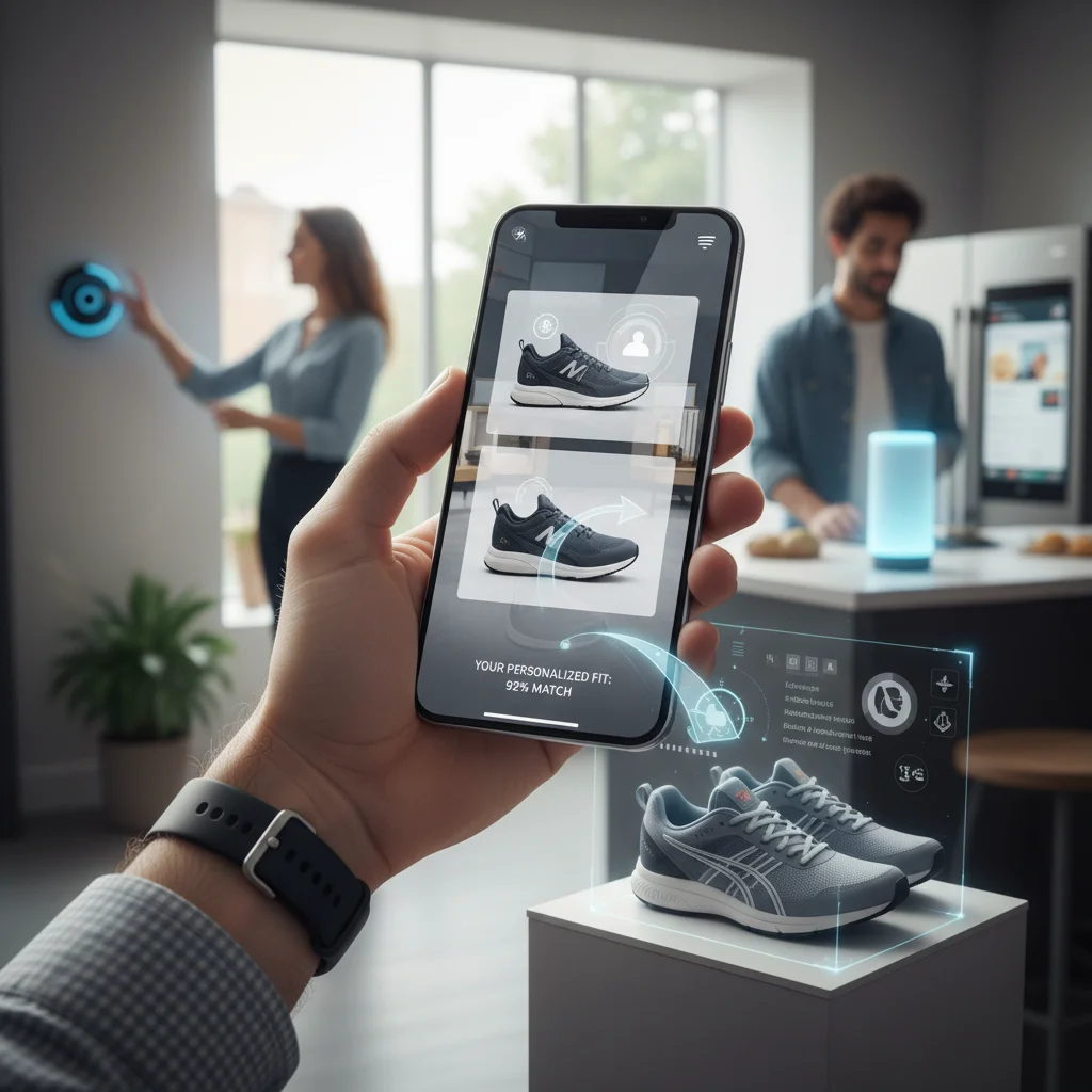 Personalized digital shopping experience on a smartphone with AR, reflecting future consumer interactions.