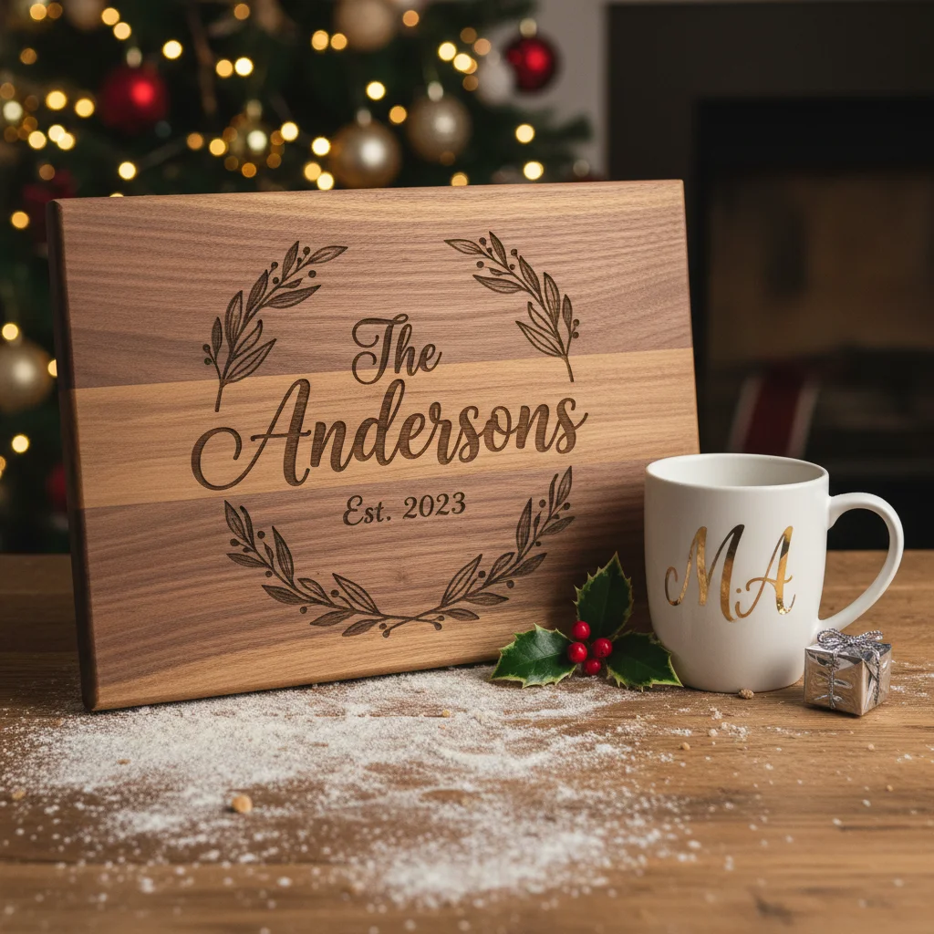 Close-up of a custom-engraved cutting board, emphasizing personalized unique holiday gifts under .