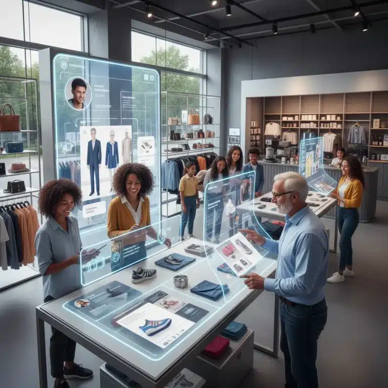 Consumers engaging with personalized shopping experiences on various devices.