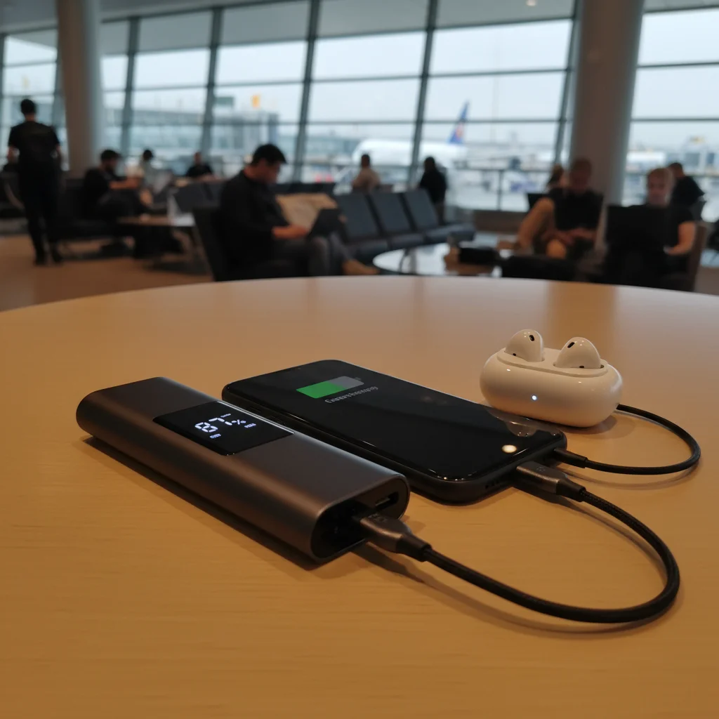 A sleek portable power bank charging multiple devices in an airport lounge, highlighting efficient travel charging.