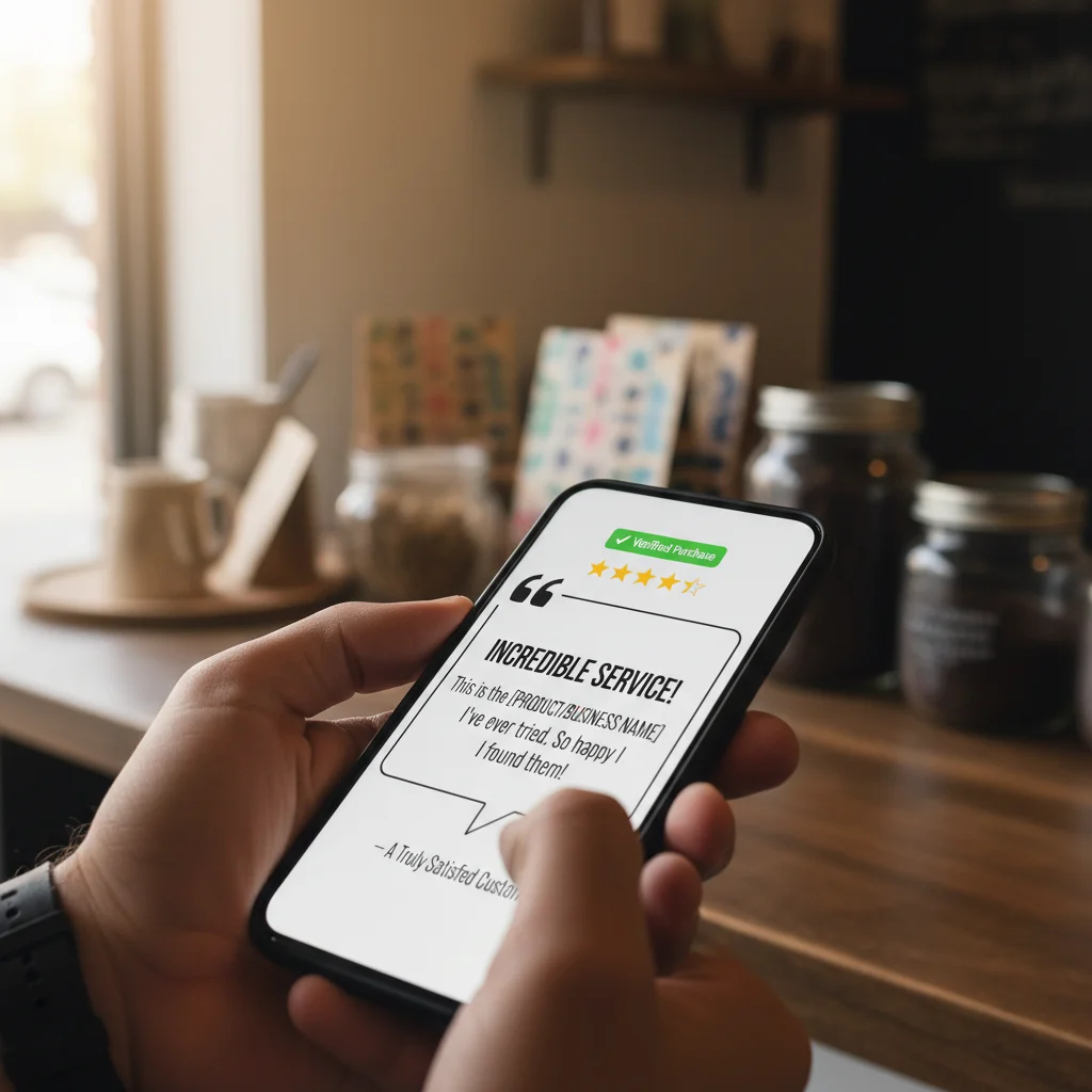 Smartphone showing a positive customer review for a business