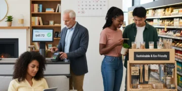 Post-Pandemic Spending Habits: 5 Lasting Changes for US Consumers by 2026 Diverse US consumers demonstrating new post-pandemic spending habits, including digital shopping and contactless payments, with 2026 in background.
