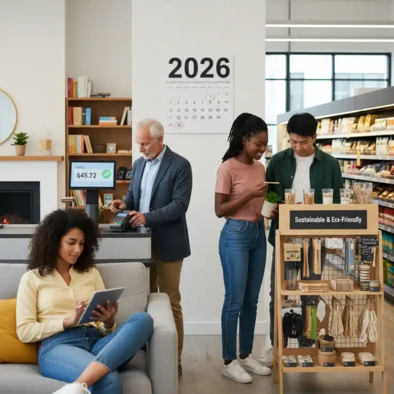 Diverse US consumers demonstrating new post-pandemic spending habits, including digital shopping and contactless payments, with 2026 in background.