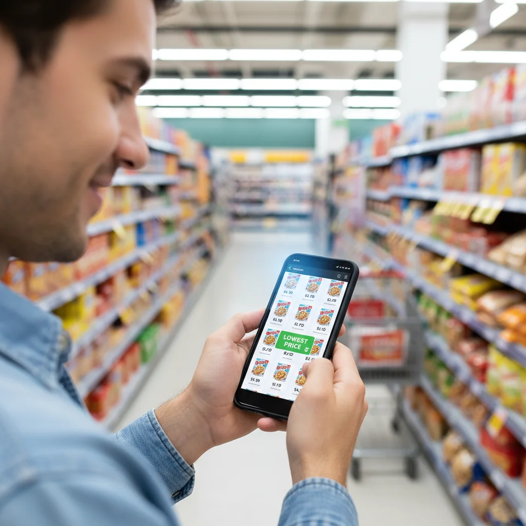 Person comparing prices on a smartphone in a grocery store aisle, using a smart buying app.