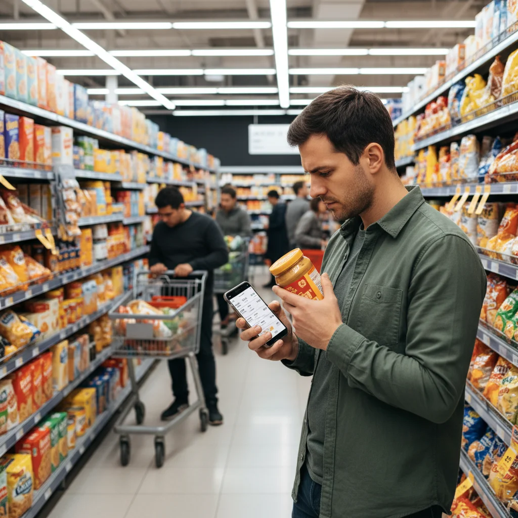 Person using a smartphone to compare prices in a grocery store to avoid overpaying.