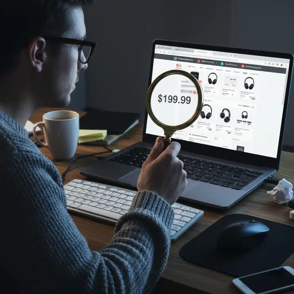 Person using price comparison tools and browser extensions for online shopping