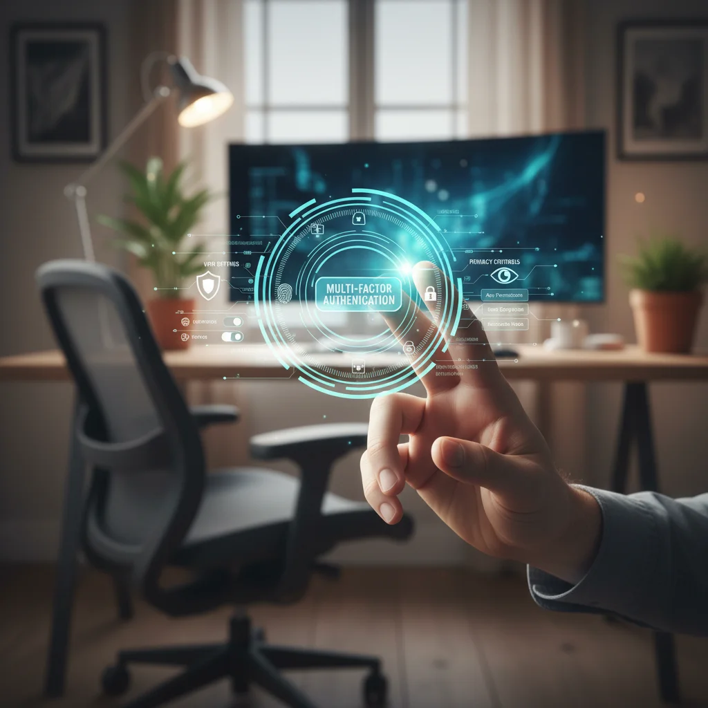 User activating multi-factor authentication and privacy settings on a holographic interface.