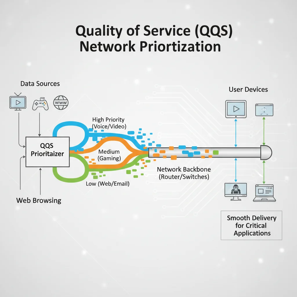 Network diagram illustrating Quality of Service (QoS) prioritizing different types of data traffic for optimal performance