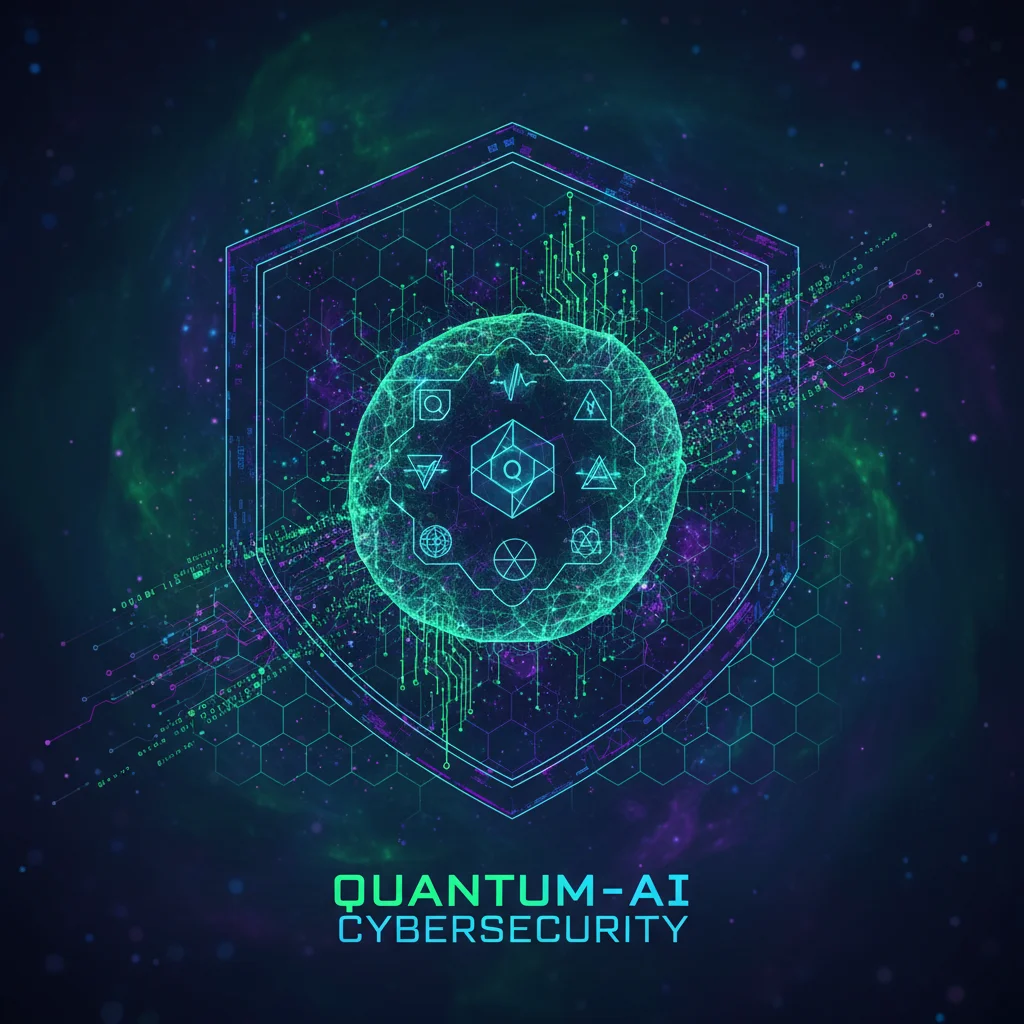 Graphic depicting quantum computing, AI, and cybersecurity convergence with neural networks and quantum symbols.