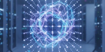 Quantum entanglement visualization with interconnected qubits and futuristic energy for quantum computing outlook.