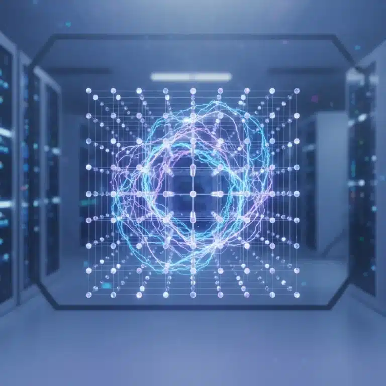 Quantum entanglement visualization with interconnected qubits and futuristic energy for quantum computing outlook.