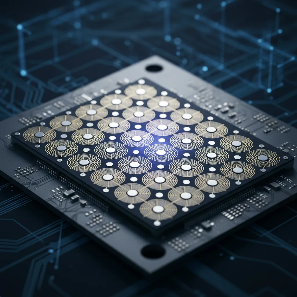 Close-up of a quantum processor chip with intricate circuitry and glowing core, representing hardware advancements.