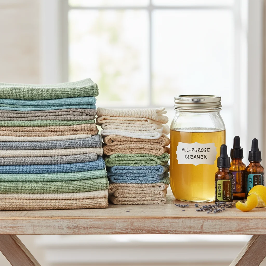 Stack of reusable cleaning cloths and homemade cleaner on a wooden shelf.