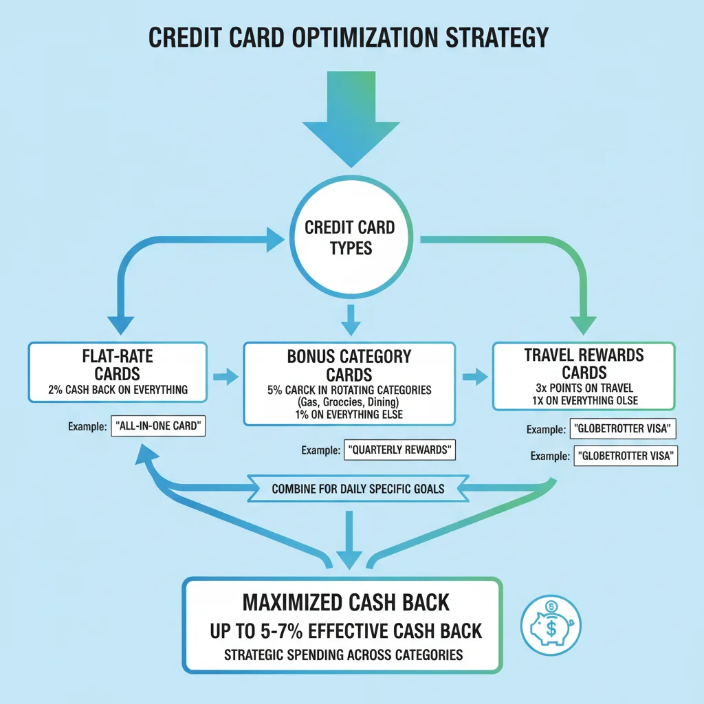 Infographic visualizing credit card reward stacking strategy for maximum cash back.