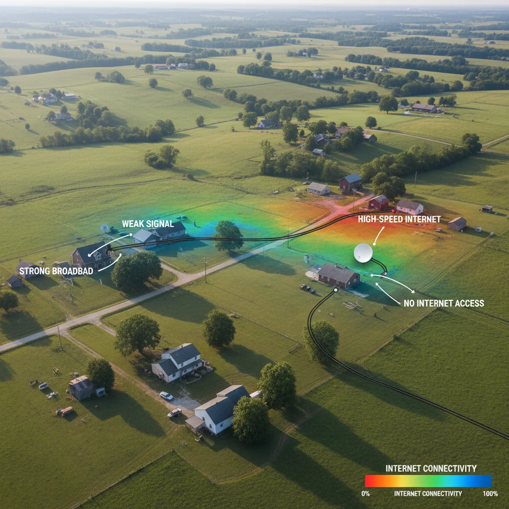 Rural landscape showing uneven broadband infrastructure and digital connectivity disparities in 2026.