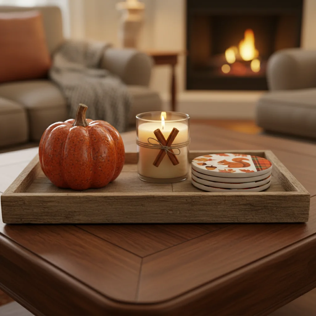 Rustic tray with ceramic pumpkin and scented candle for fall decor.