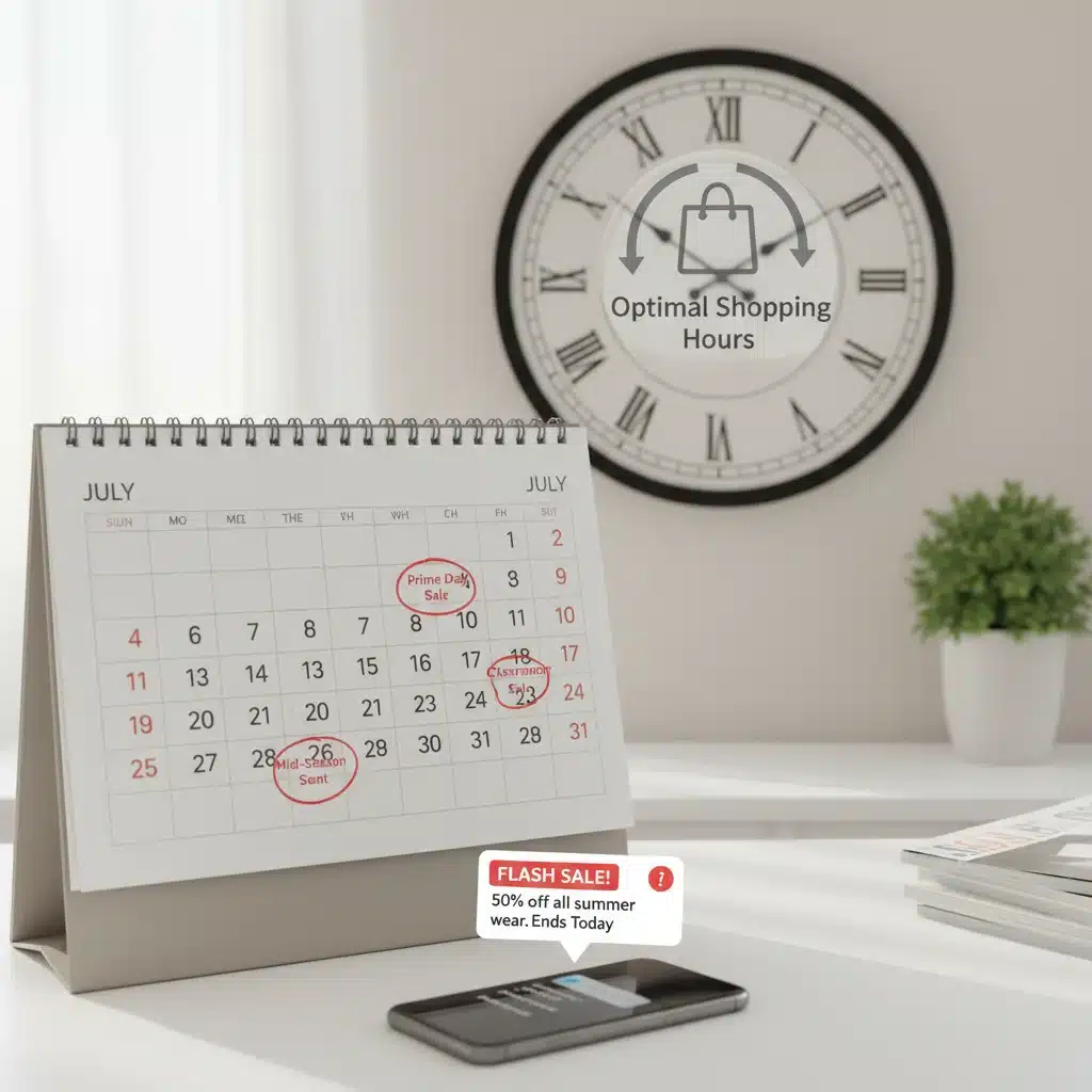 Calendar and smartphone showing sale alerts and optimal shopping times for seasonal purchases