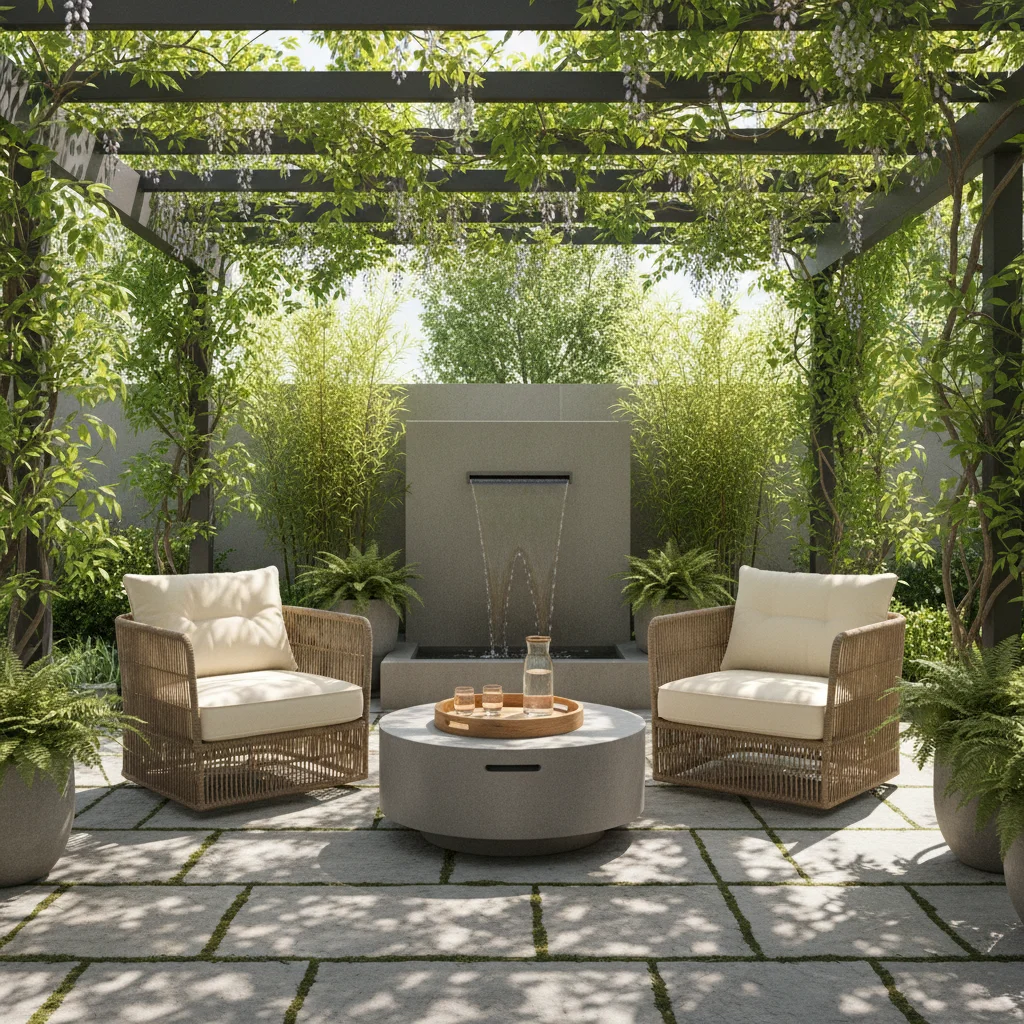 Shaded patio with modern pergola, comfortable lounge chairs, and water feature.