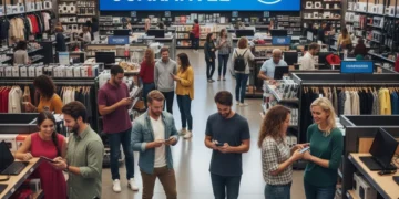 Shoppers comparing prices in a store, digital display showing price match guarantee