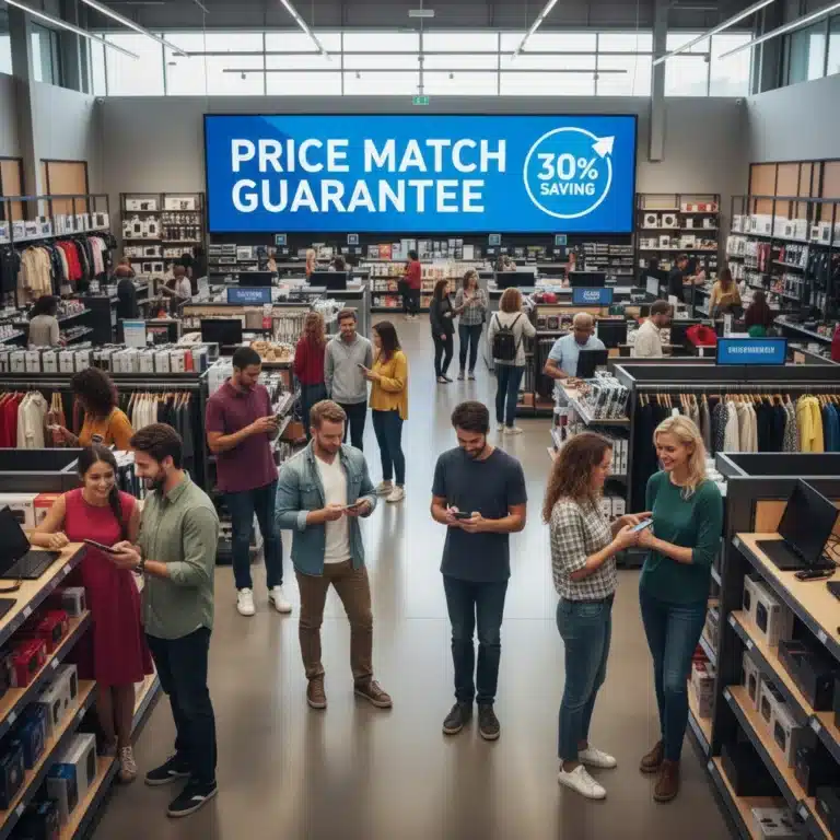 Shoppers comparing prices in a store, digital display showing price match guarantee