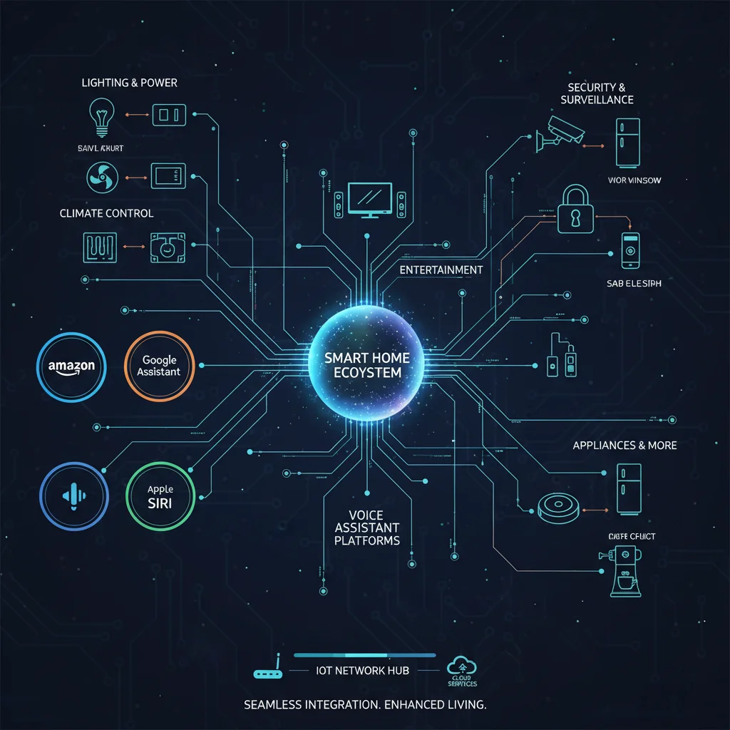 Infographic showing smart home ecosystem integration with voice assistants