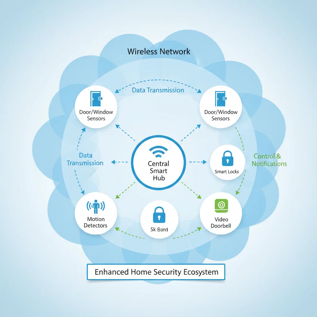 Infographic showing the interconnectedness of various smart home security components and their wireless communication.