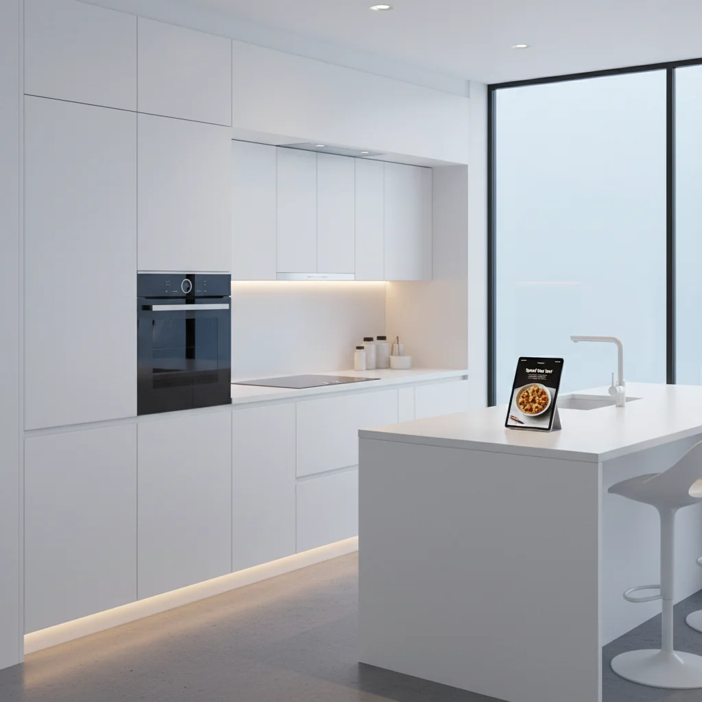 Modern minimalist kitchen with integrated smart home technology
