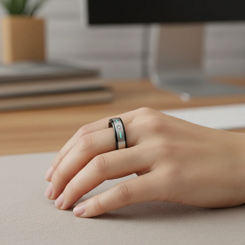 Close up of a smart ring on a finger, monitoring vital signs