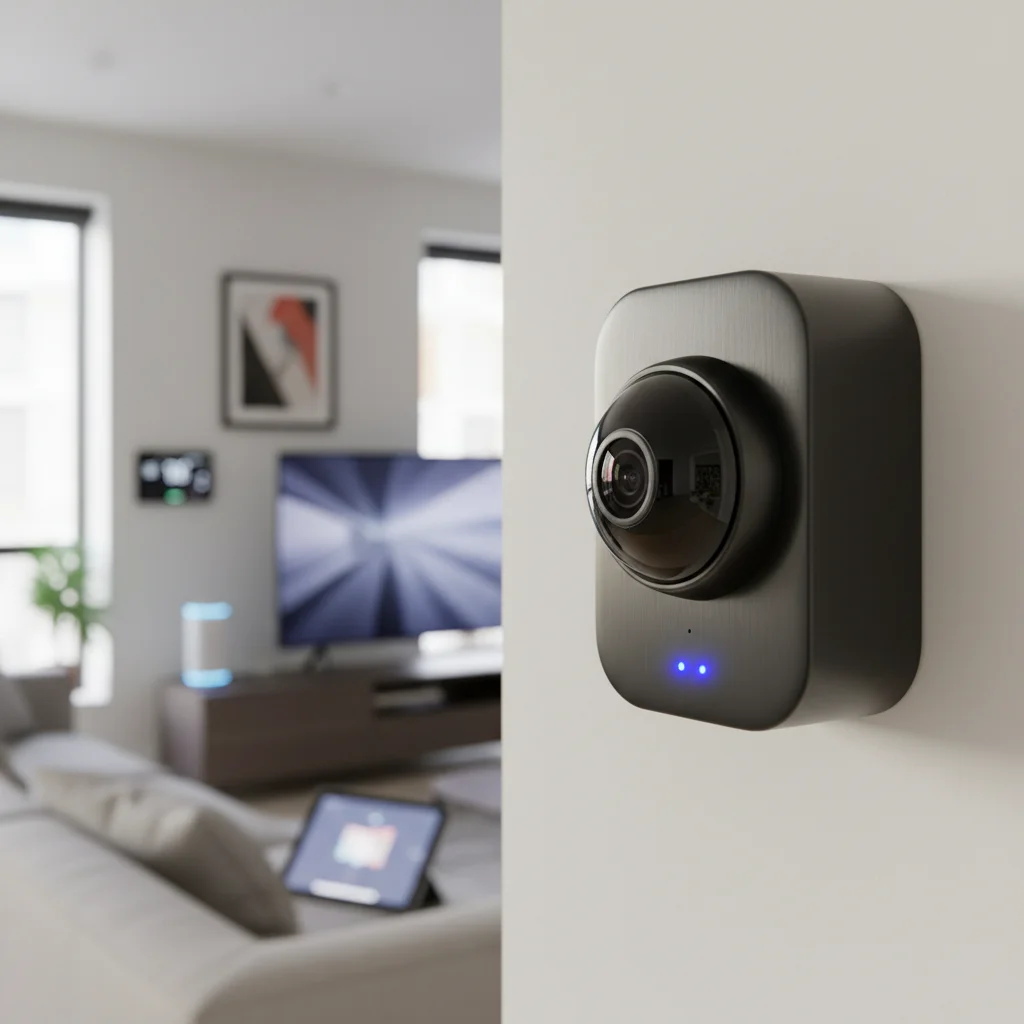 Modern smart home security camera with wide-angle lens and LED indicators, integrated into a living room setting.