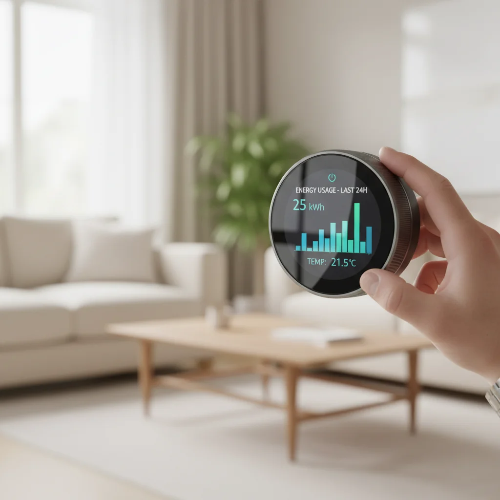Modern smart thermostat displaying energy data, being adjusted by a hand.