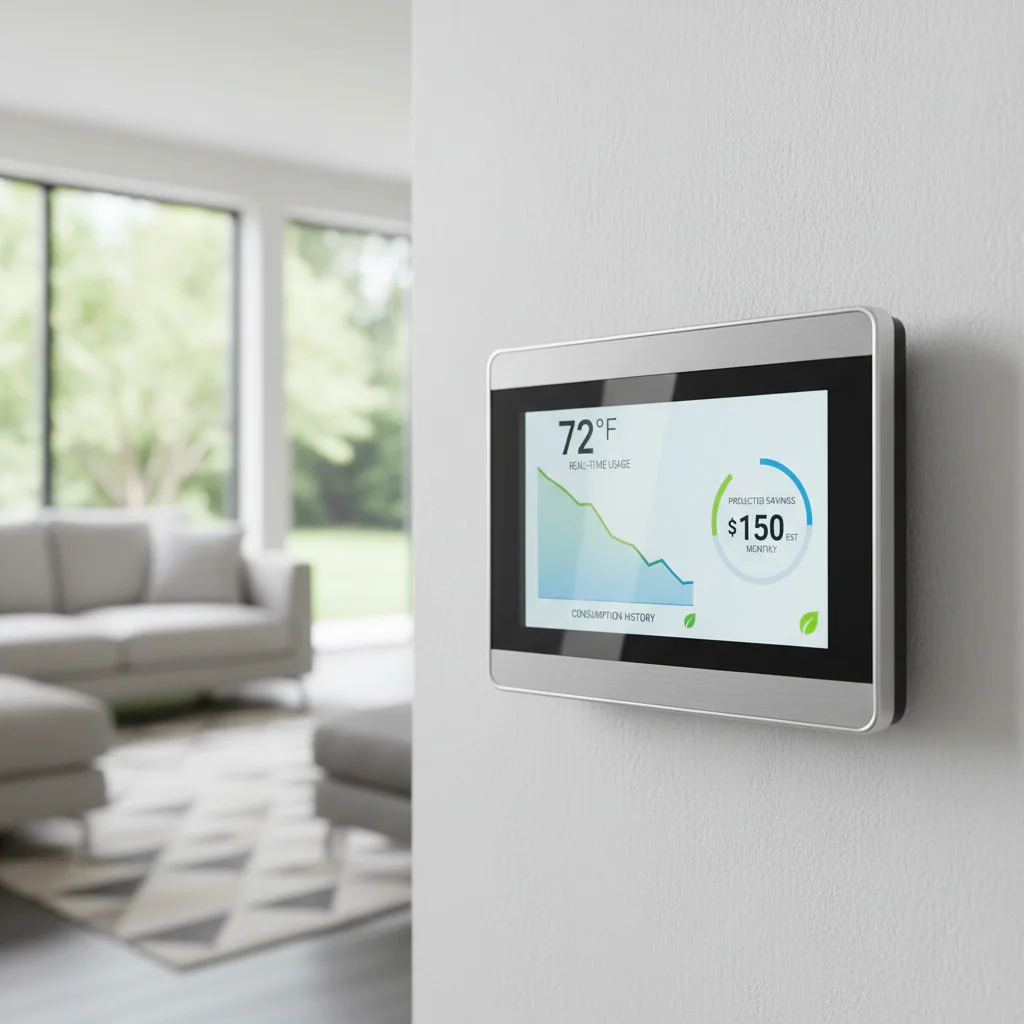 Smart thermostat displaying real-time energy usage and savings