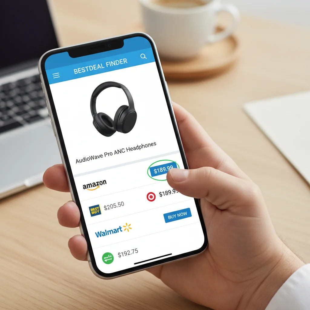 Smartphone displaying price comparison app with various retailer prices