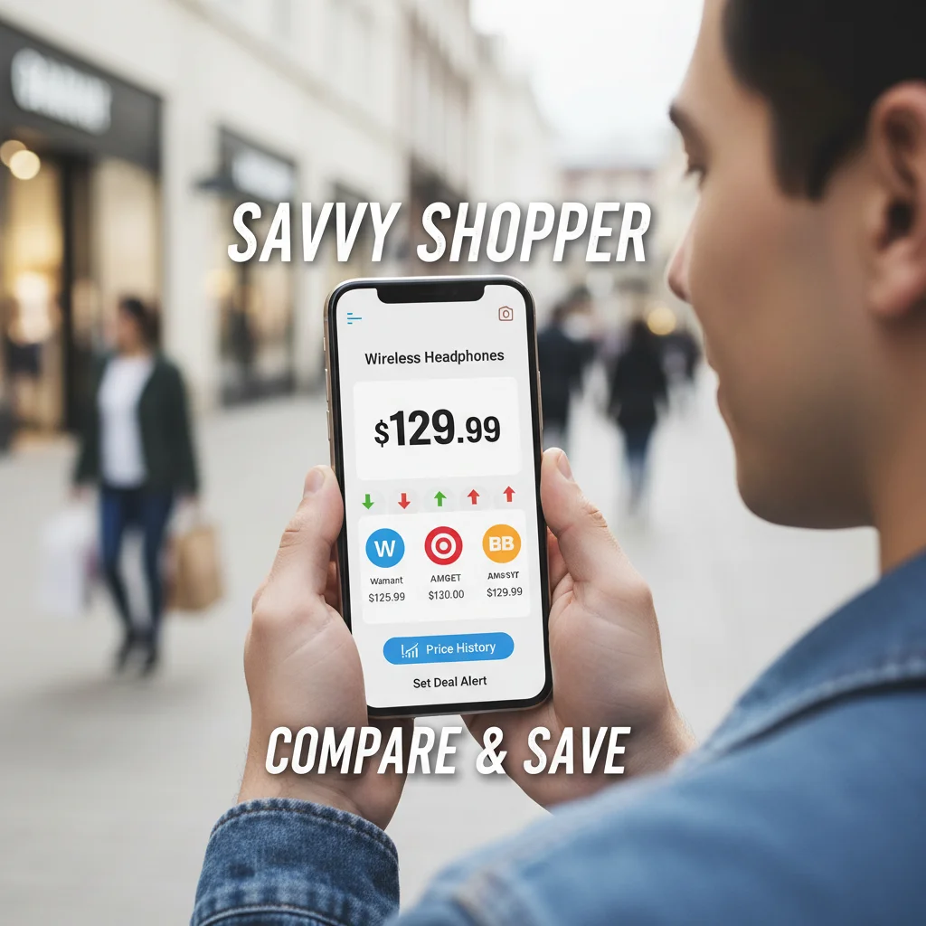 Person using smartphone for price comparison and deal tracking during online shopping.