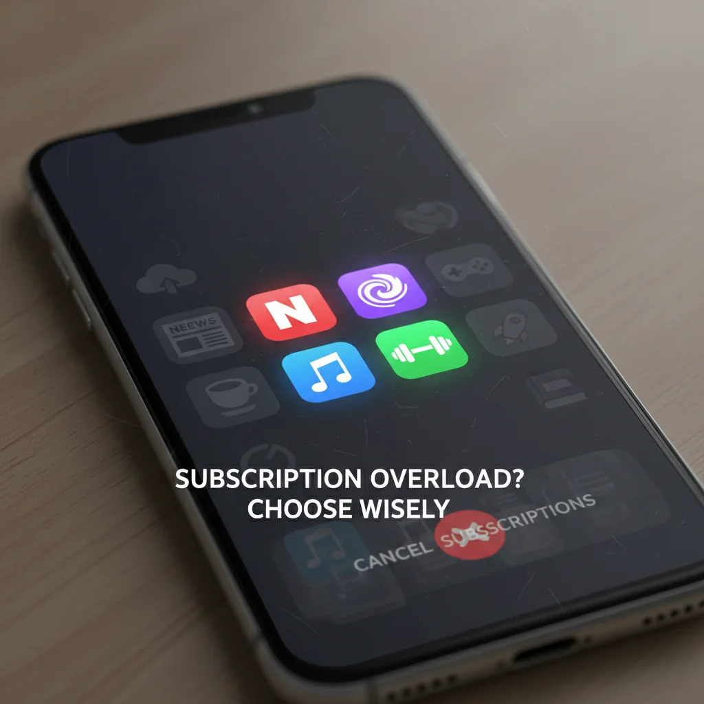 Smartphone screen showing numerous subscription app icons, some active, some inactive, depicting consumer subscription choices.