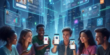 Consumers engaging with social commerce on mobile devices in a modern setting.