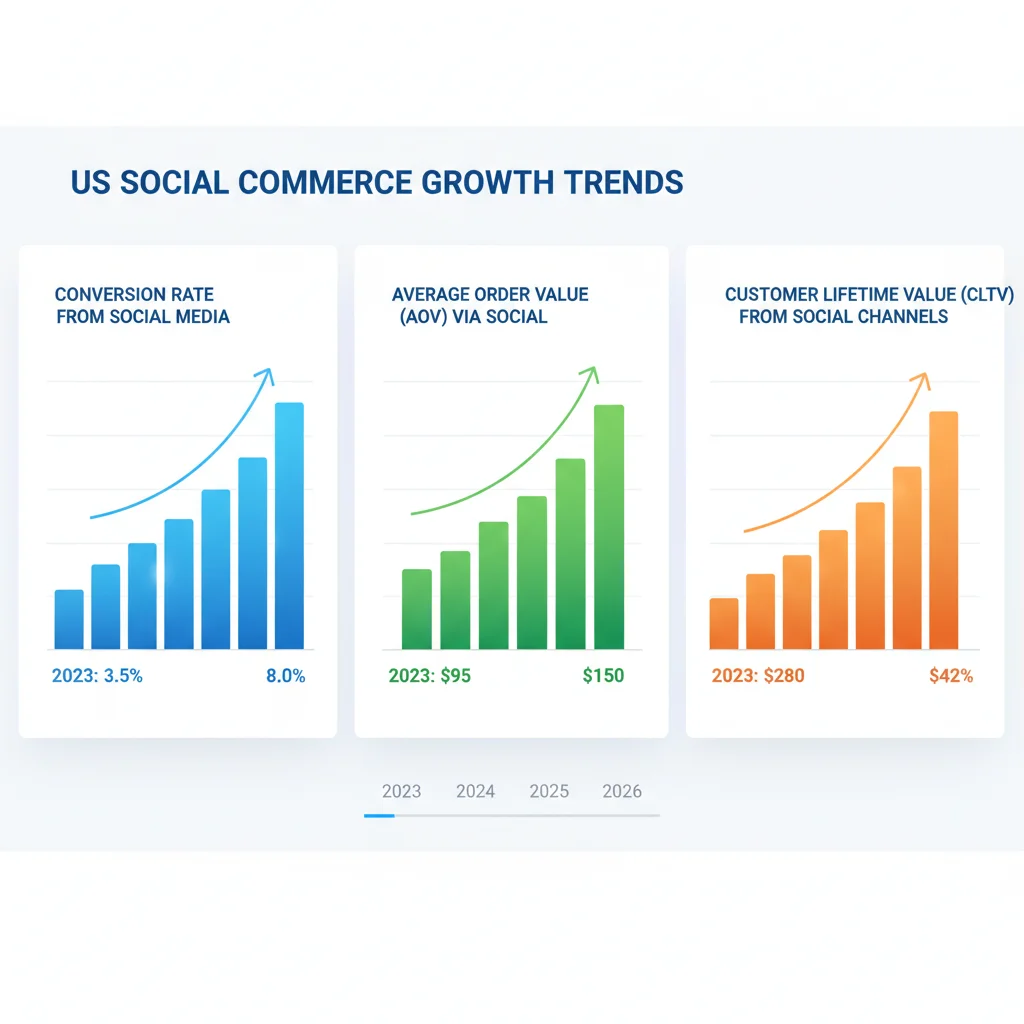 Infographic showing key social commerce metrics growth in the US towards 2026.