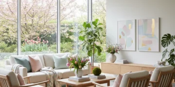 Modern living room showcasing Spring 2026 home trends with natural light and vibrant decor