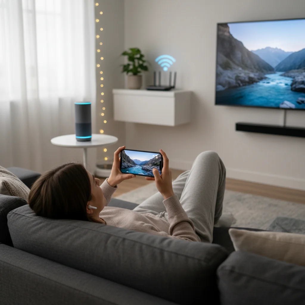 Person streaming video on a smartphone with fast 5G connection.