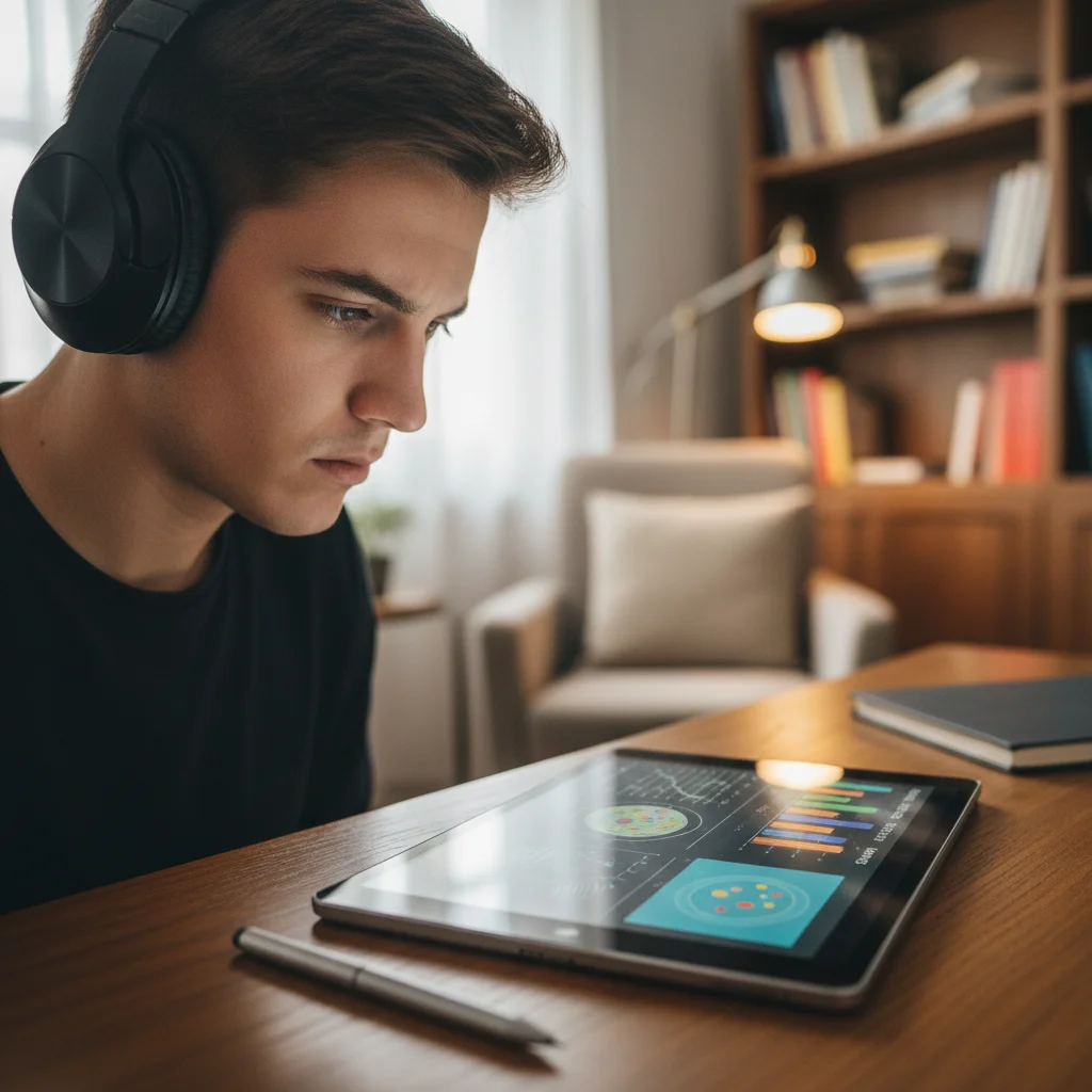 Student using noise-canceling headphones and smart pen for focused study